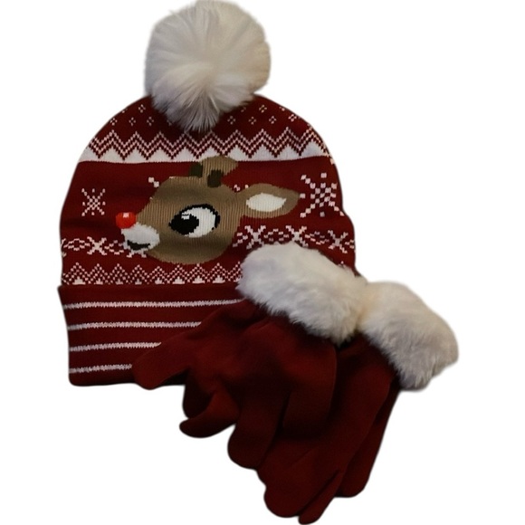 Festive Red Reindeer Hat and Gloves Set - Picture 1 of 2